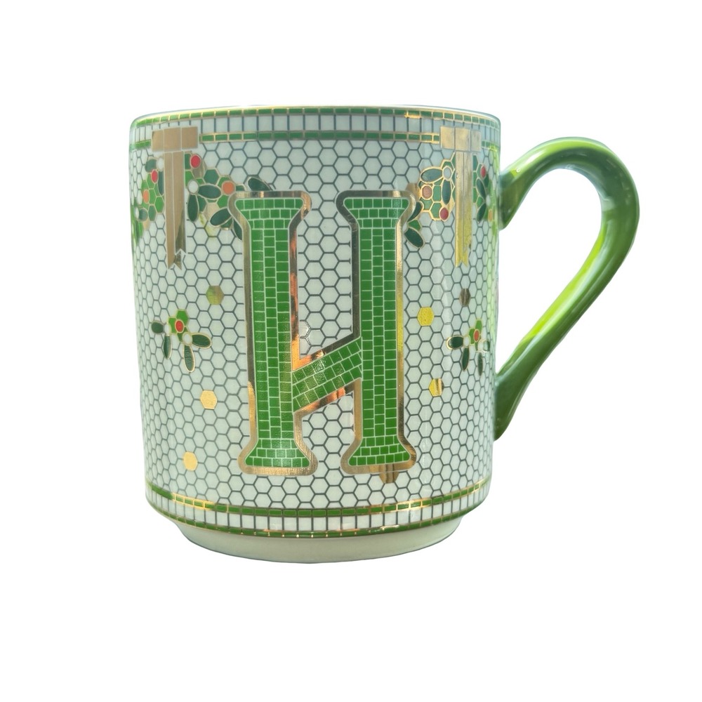 Anthropologie Monogram H Holiday Mosaic Medley Coffee Mug Wreath Mistletoe Gold